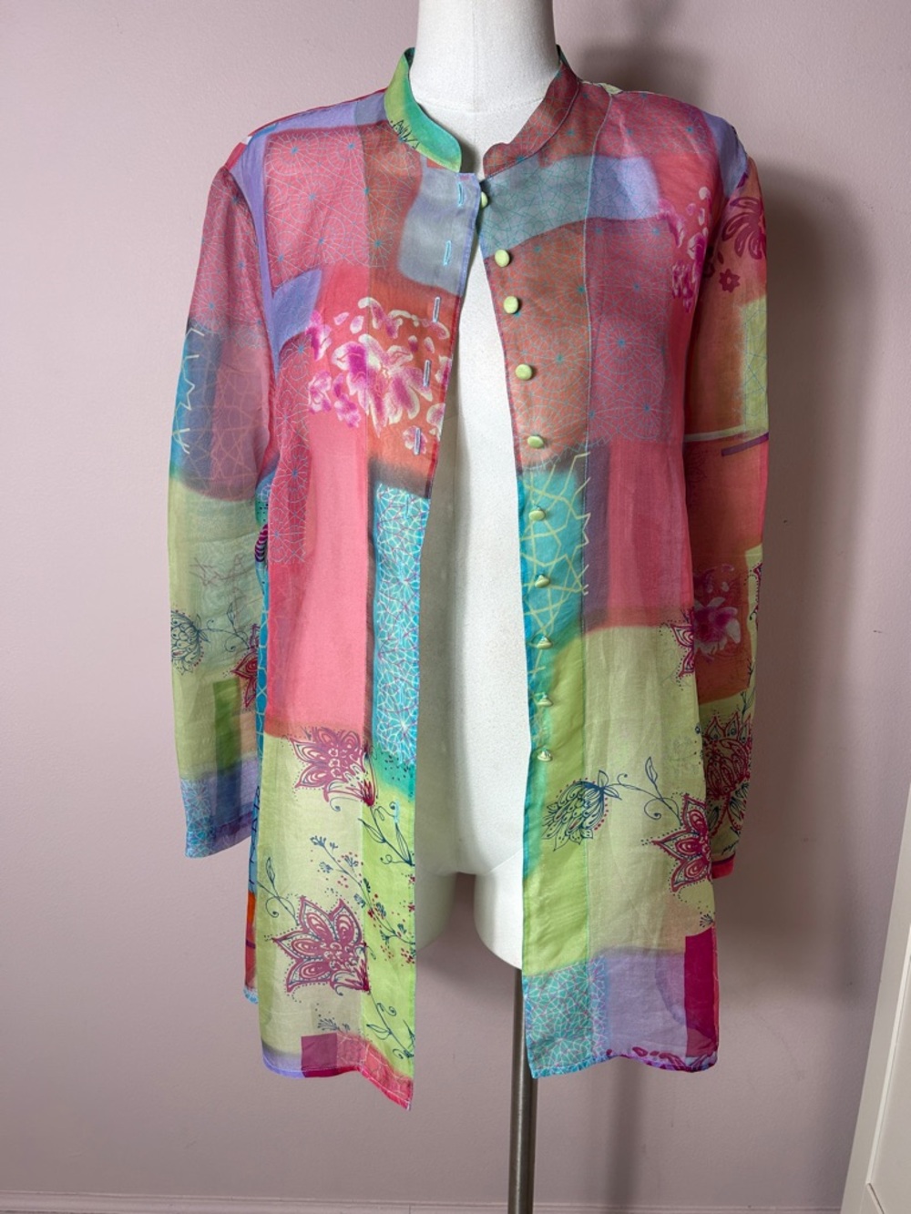 VTG silk Colorblock Floral Sheer Button Jacket - Multicolor size L